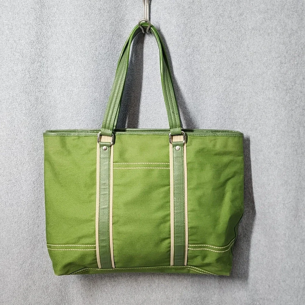 Kate Landry Tote Bag Womens Large Green Canvas Shoulder Purse Geometric Lining - Picture 2 of 11